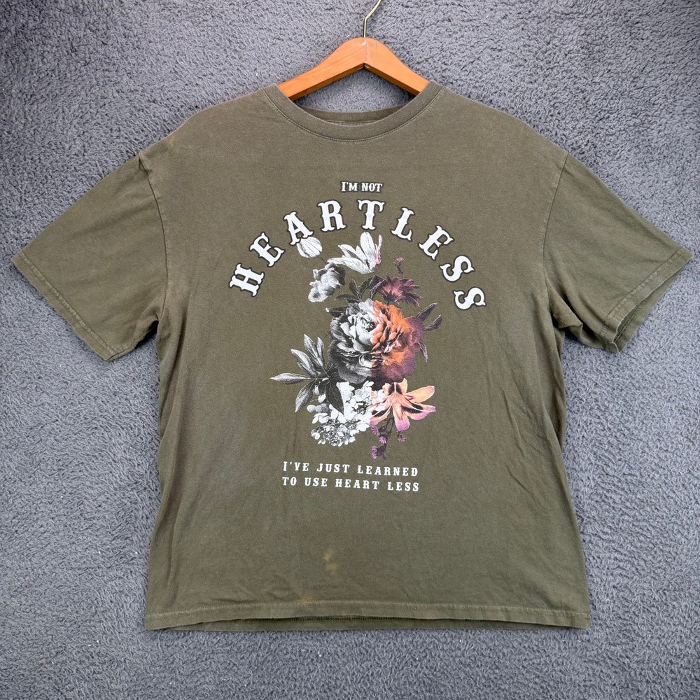 Truth + Theory‎ Mens Heartless Floral Graphic T-Shirt Olive Green Size L Cotton